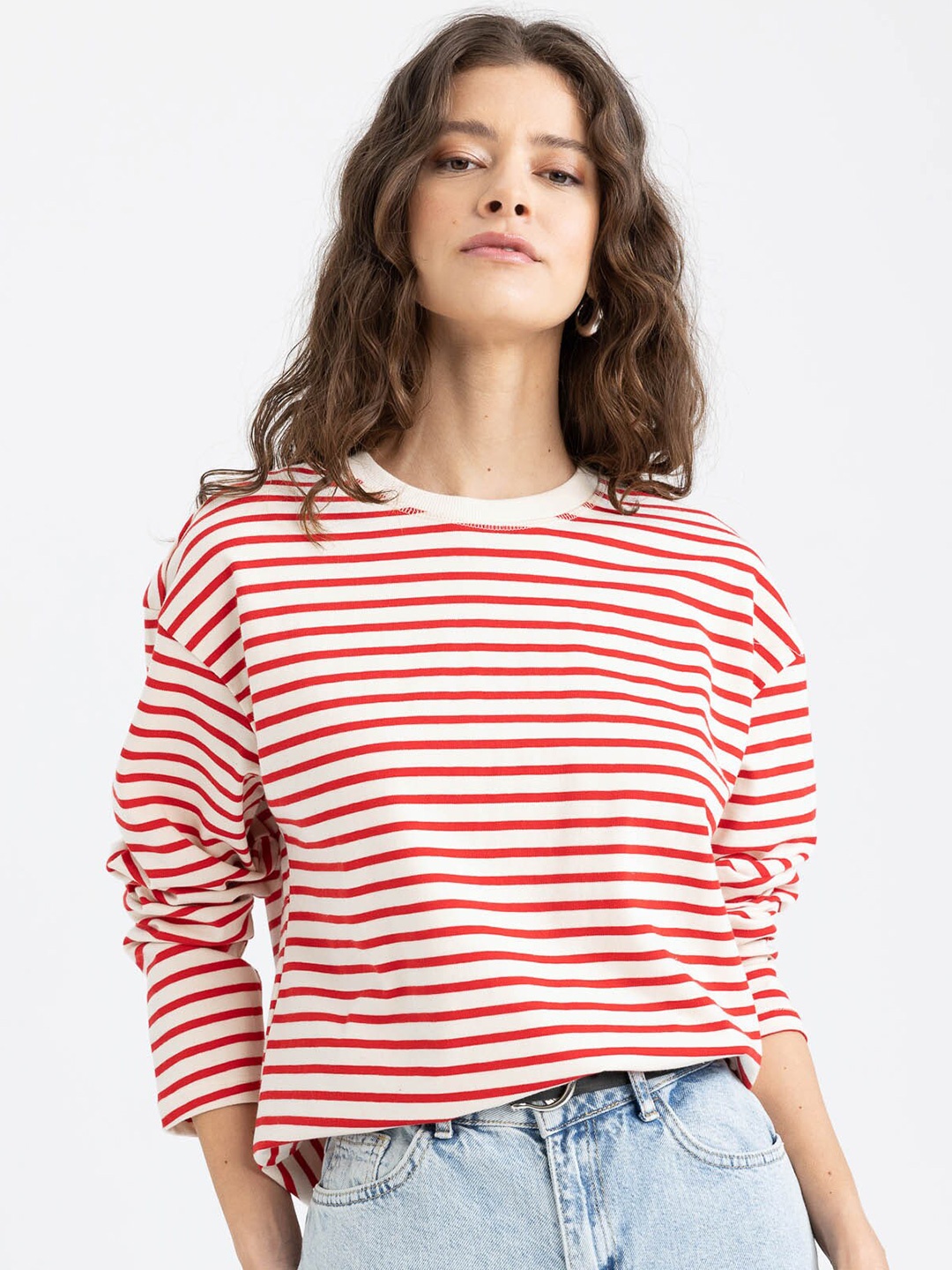 

DeFacto Striped Round Neck Pure Cotton T-shirt, White