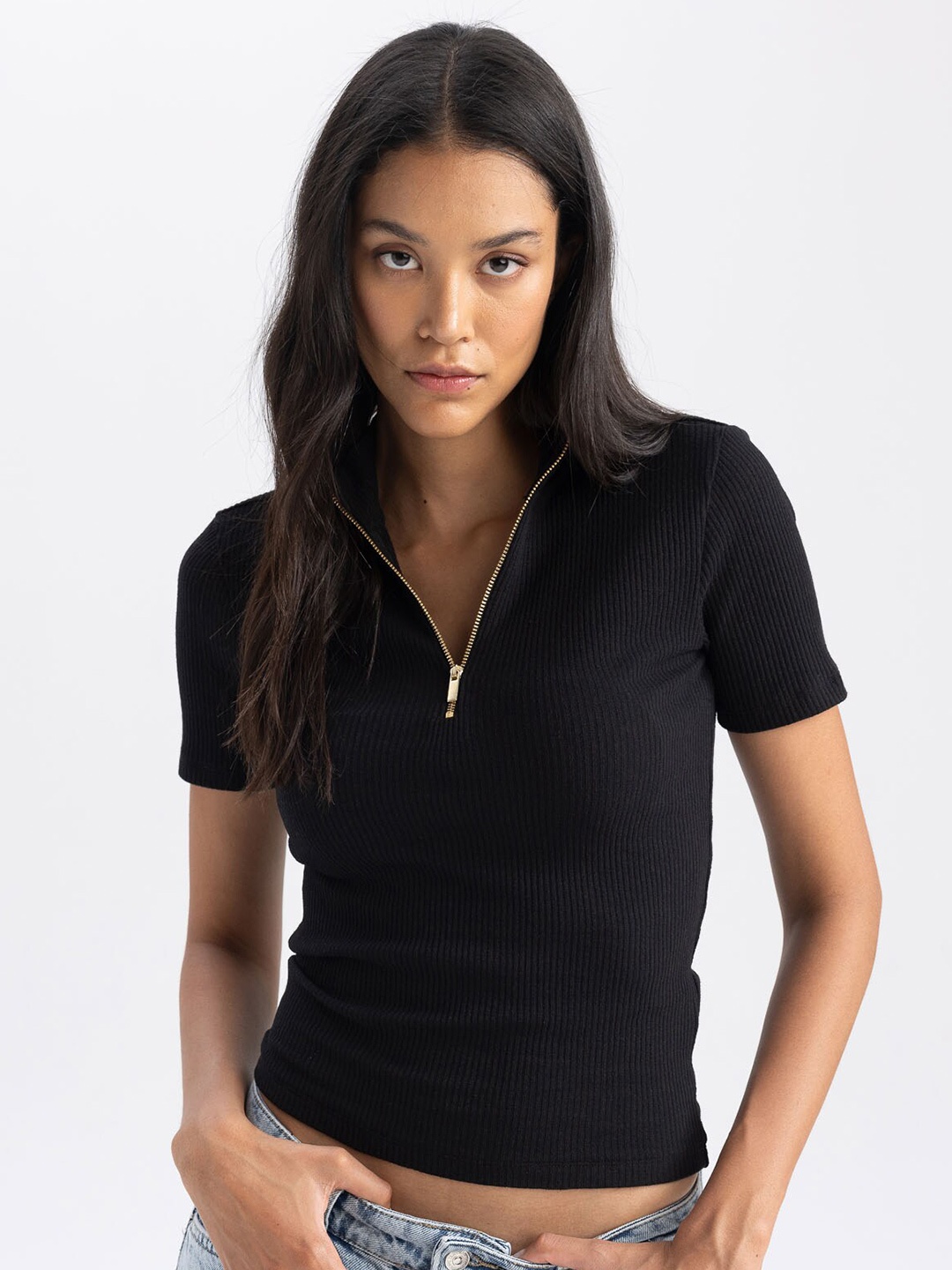 

DeFacto Polo Collar Ribbed T-shirt, Black