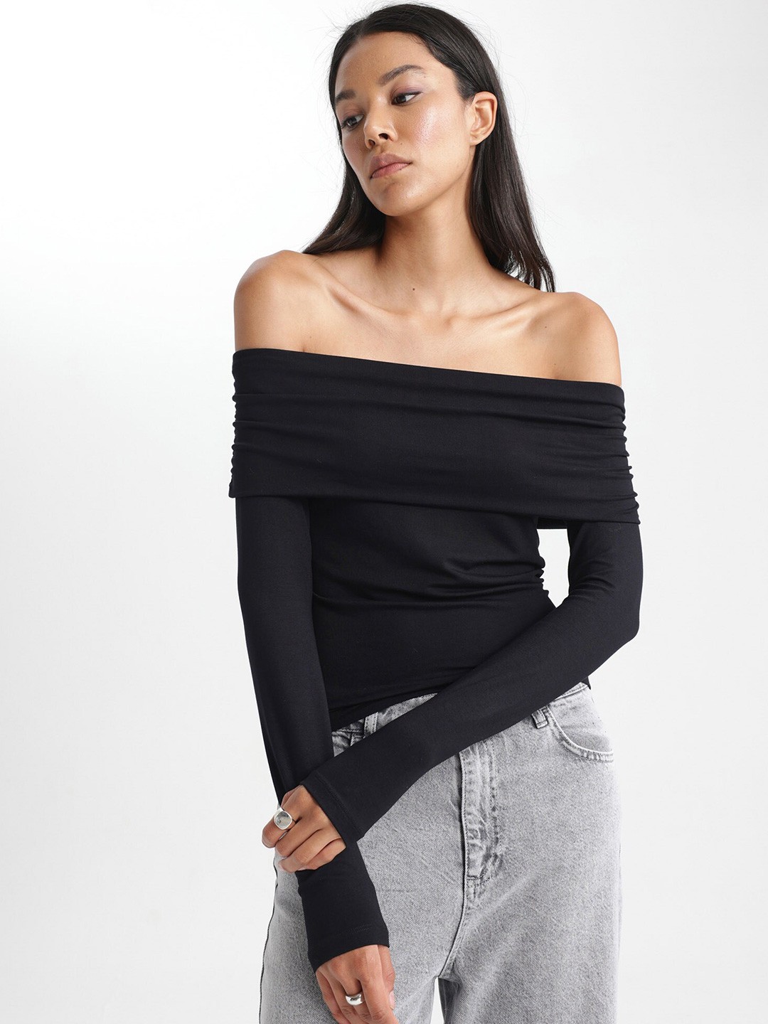 

DeFacto Off-Shoulder Bardot Top, Black