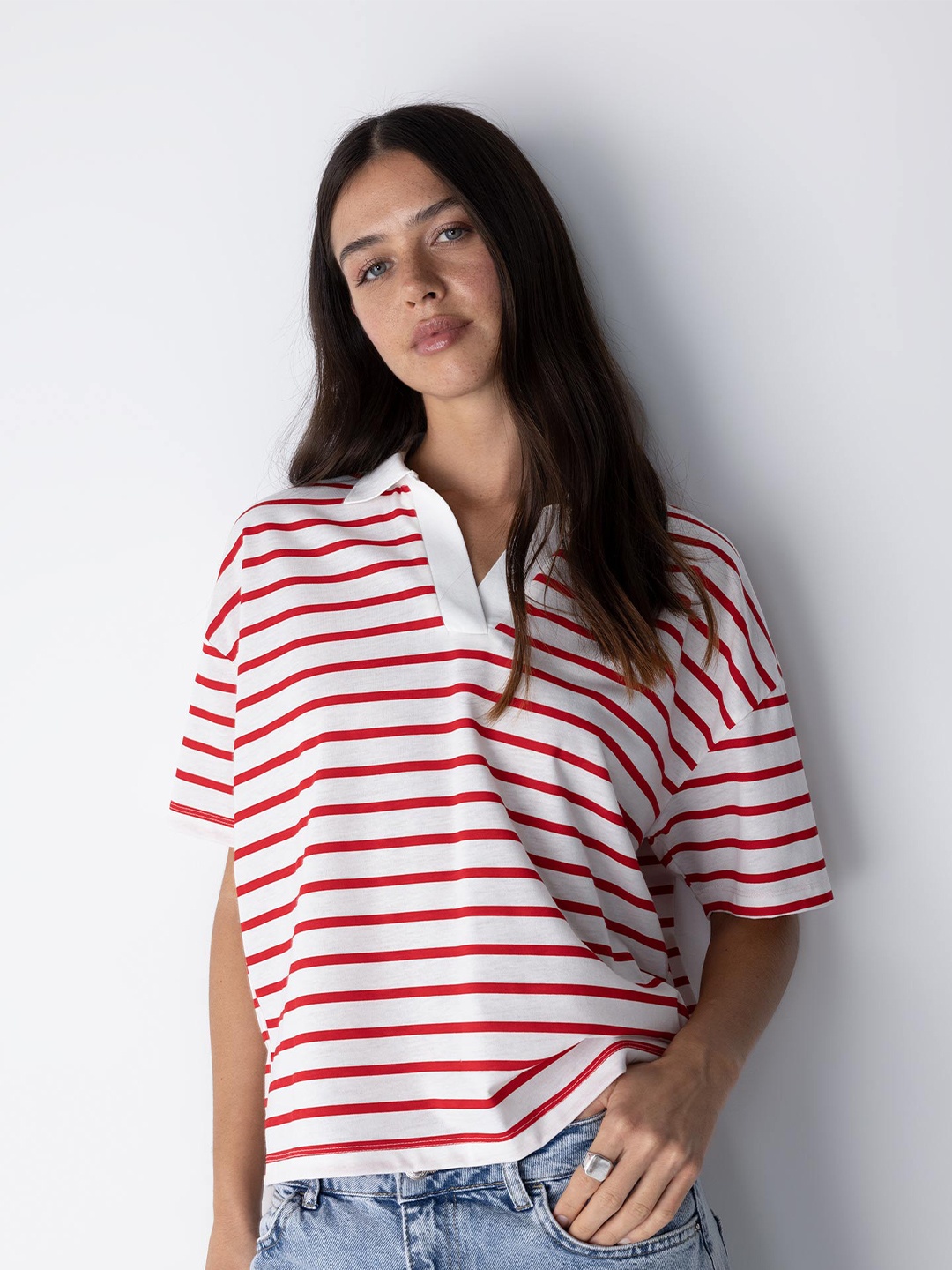 

DeFacto Striped Polo Collar T-shirt, White