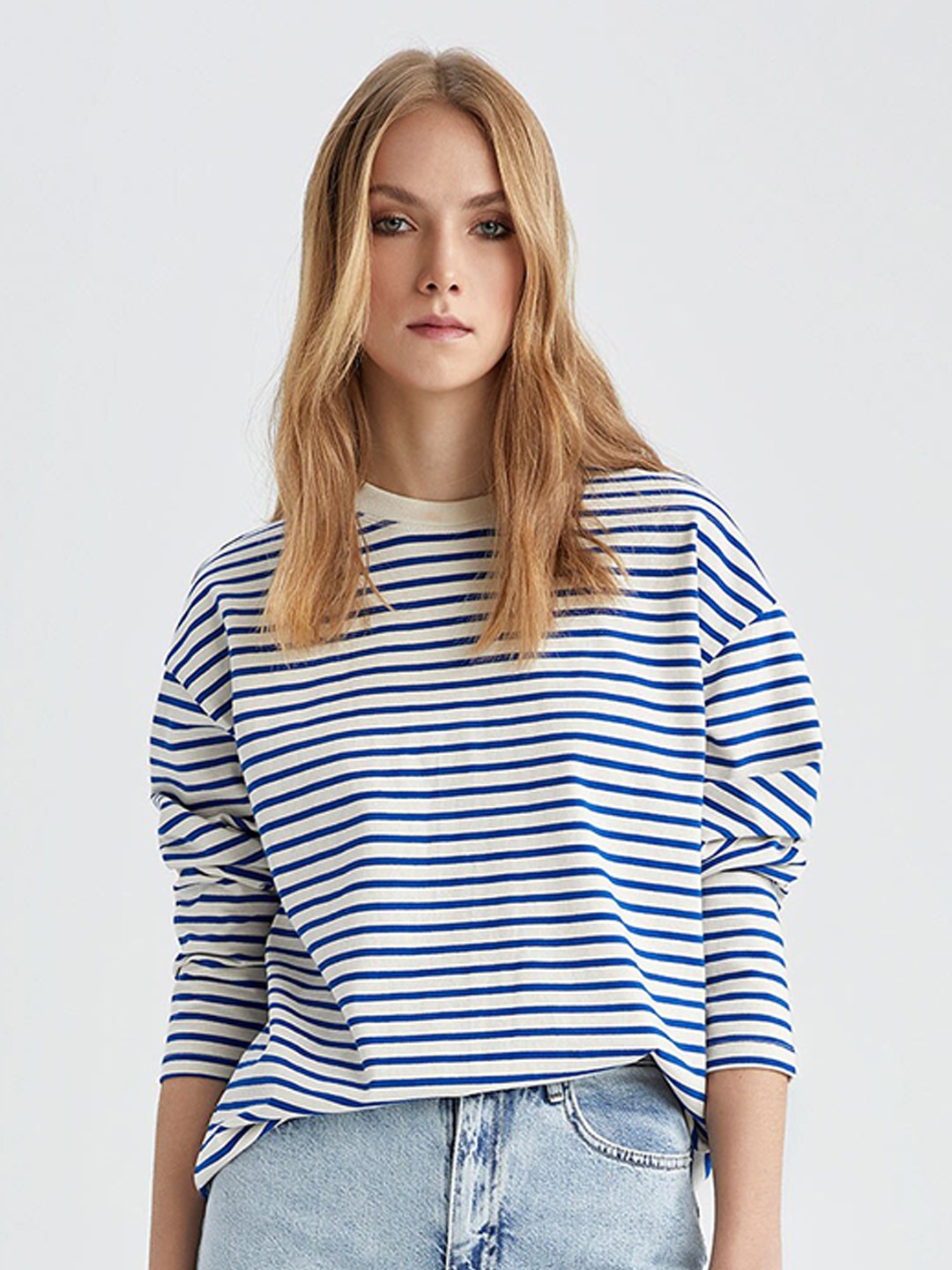 

DeFacto Striped Cotton Drop-Shoulder Sleeves T-shirt, Blue