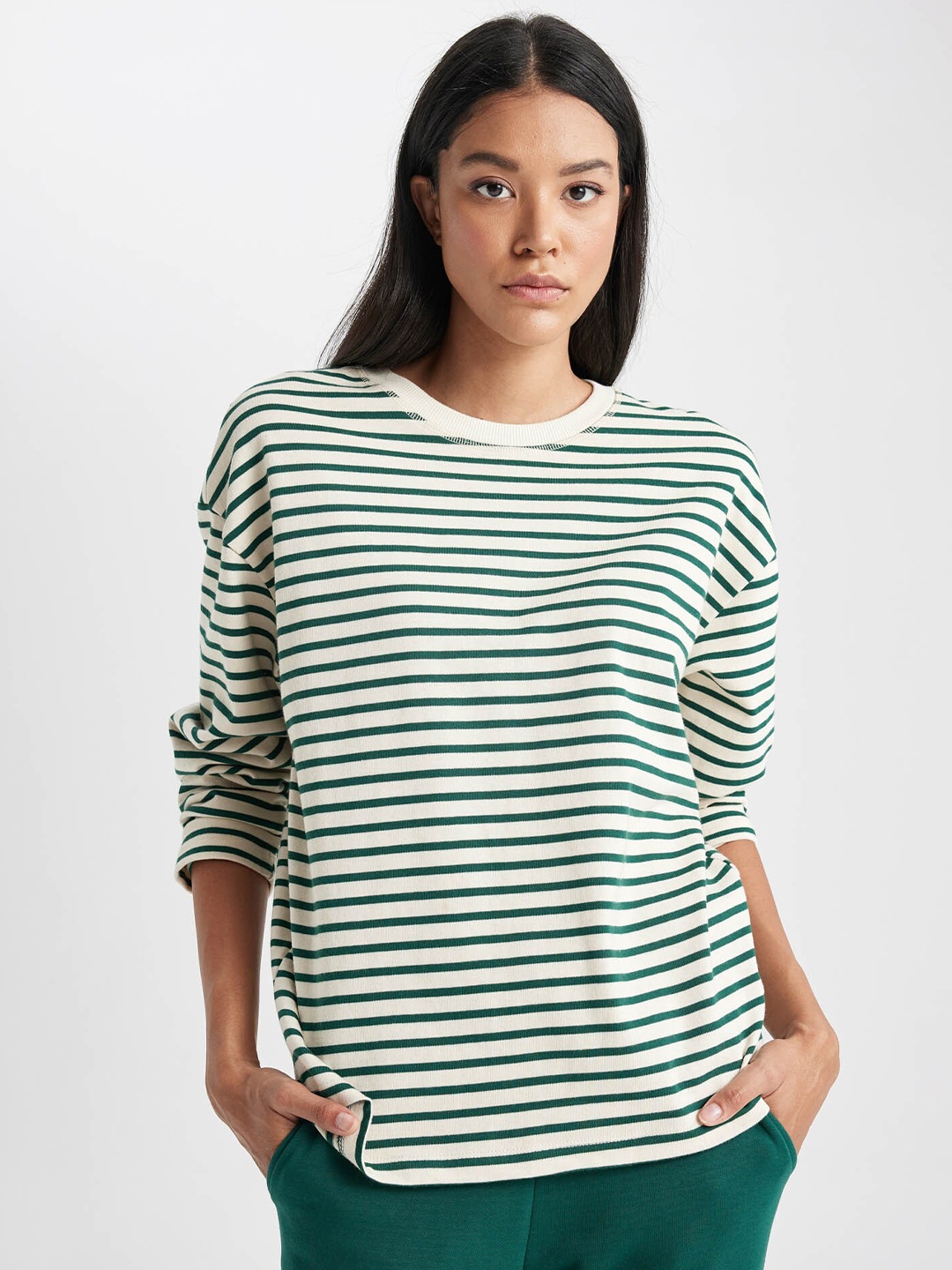 

DeFacto Striped Drop-Shoulder Sleeves Pure Cotton T-Shirt, Green