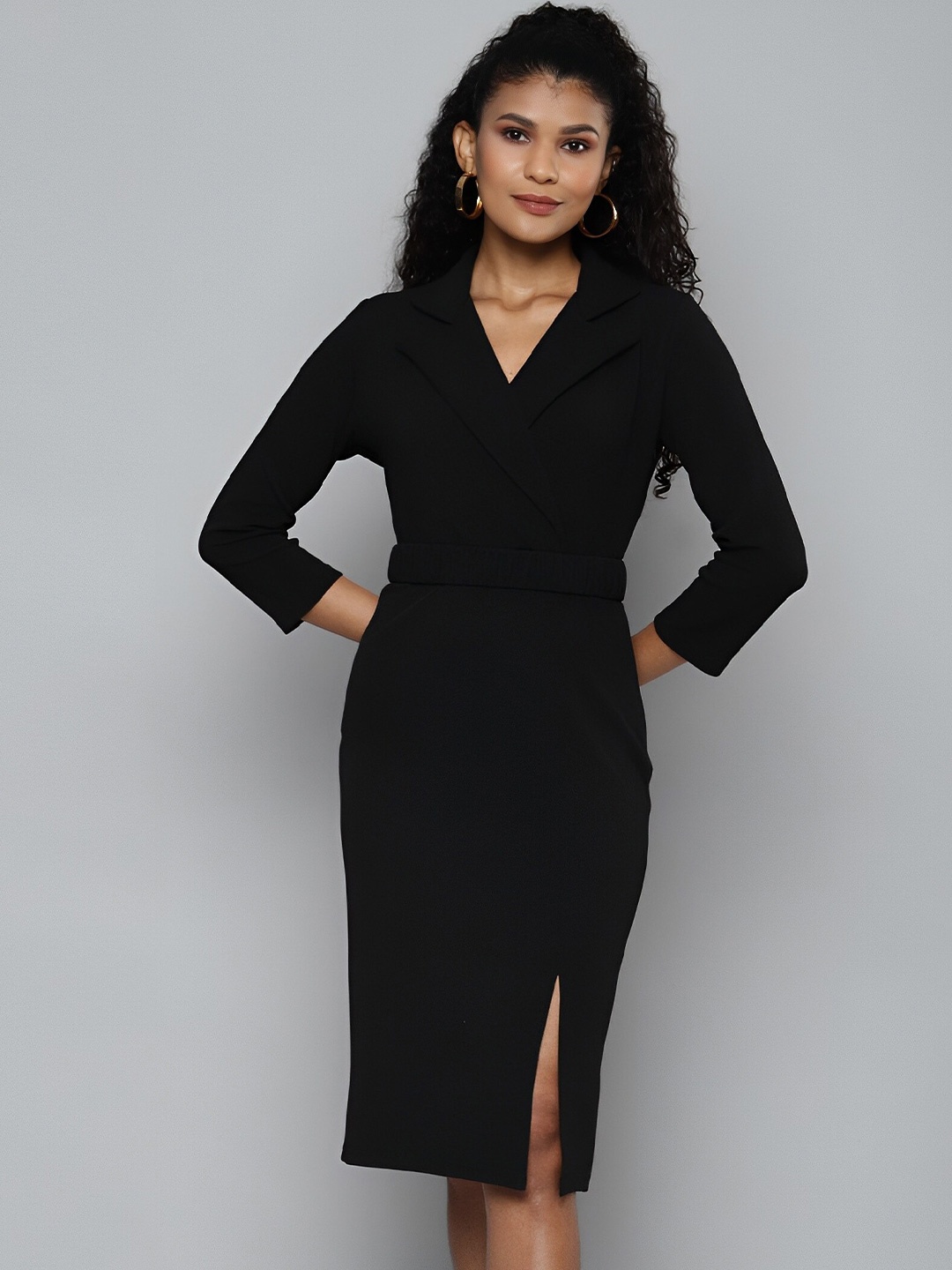 

SIDYAL V-Neck Sheath Dress With Slit-Front, Black