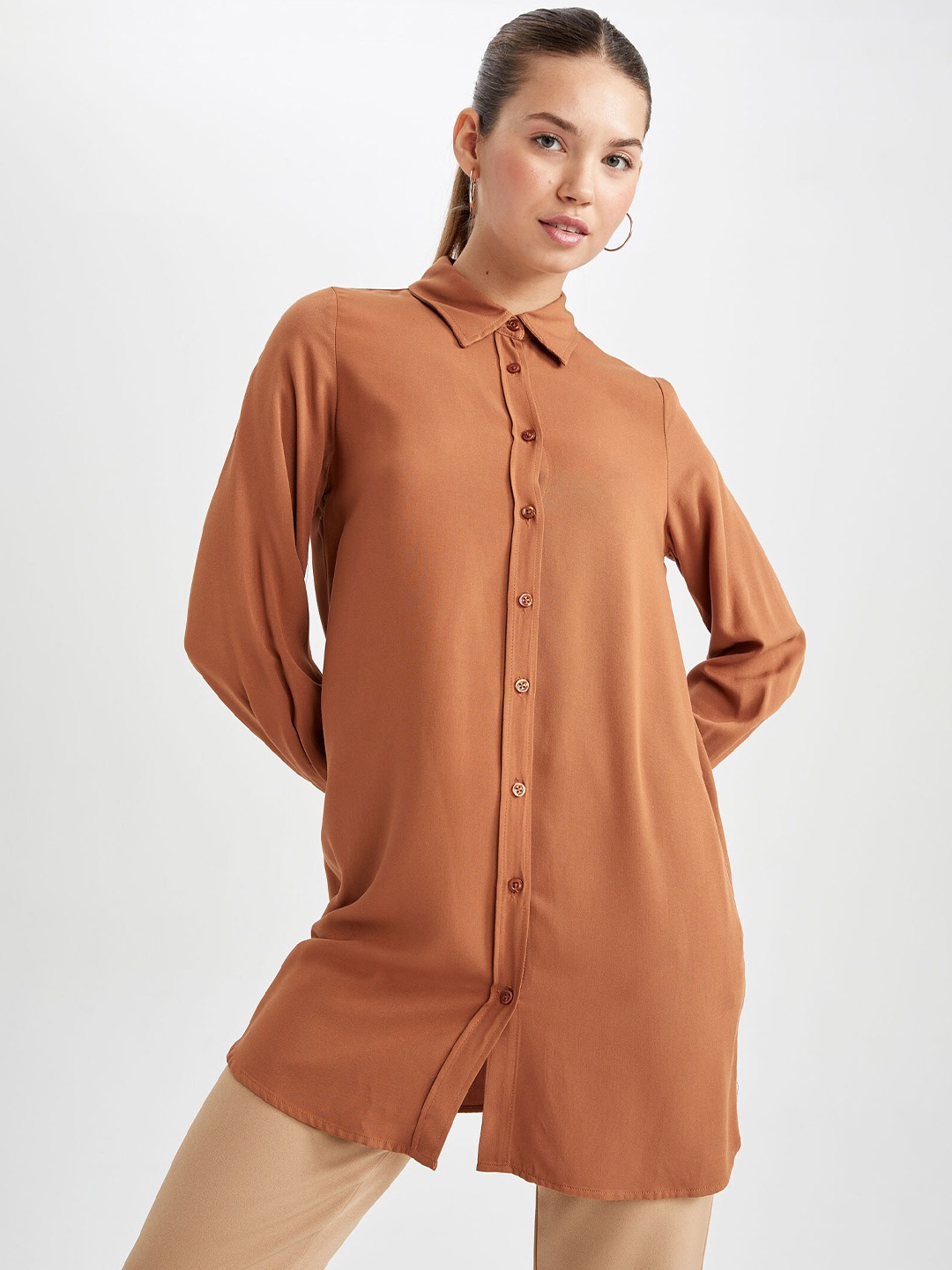 

DeFacto Shirt Collar Casual Shirt, Brown