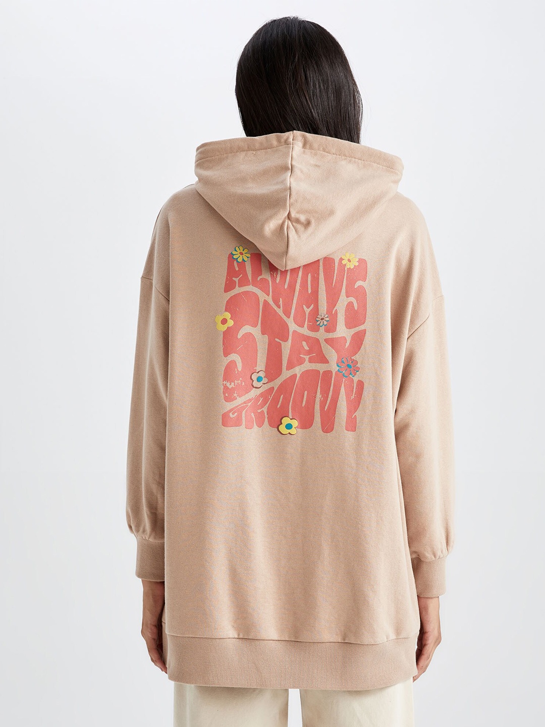 

DeFacto Hood Neck Typography Printed Hooded Longline Cotton Sweatshirt, Beige