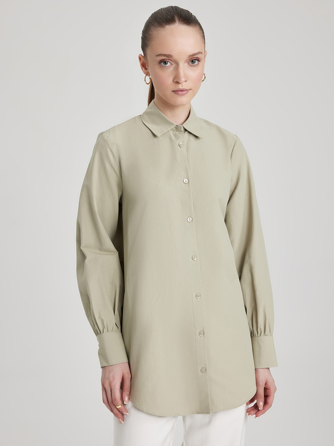 

DeFacto Spread Collar Longline Shirt, Olive