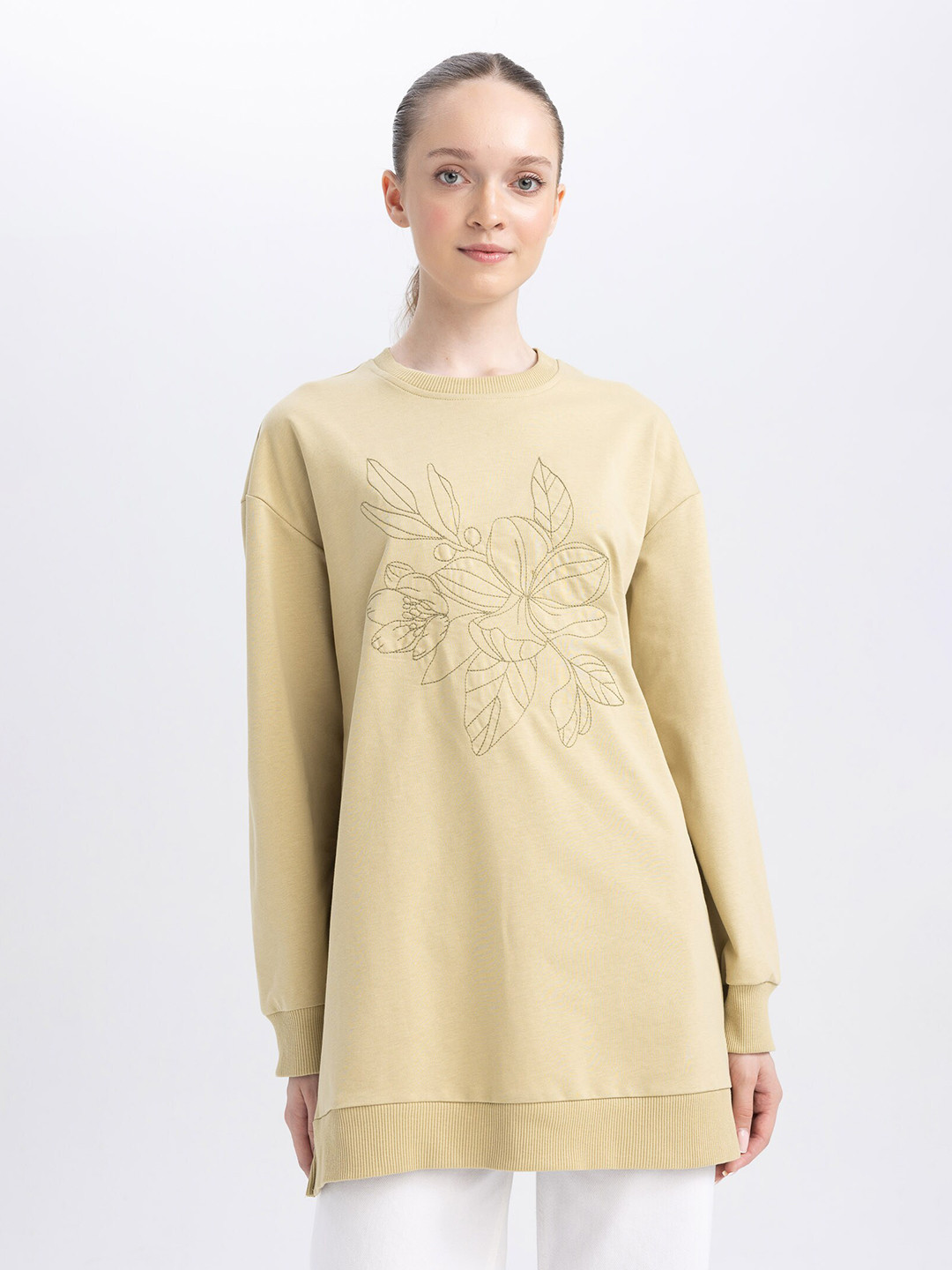 

DeFacto Embroidered Longline Cotton Sweatshirt, Yellow