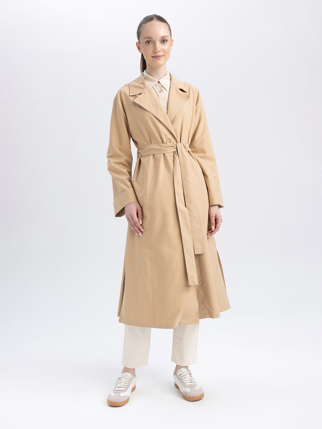 

DeFacto Single breasted Notched Lapel Longline Overcoat, Beige