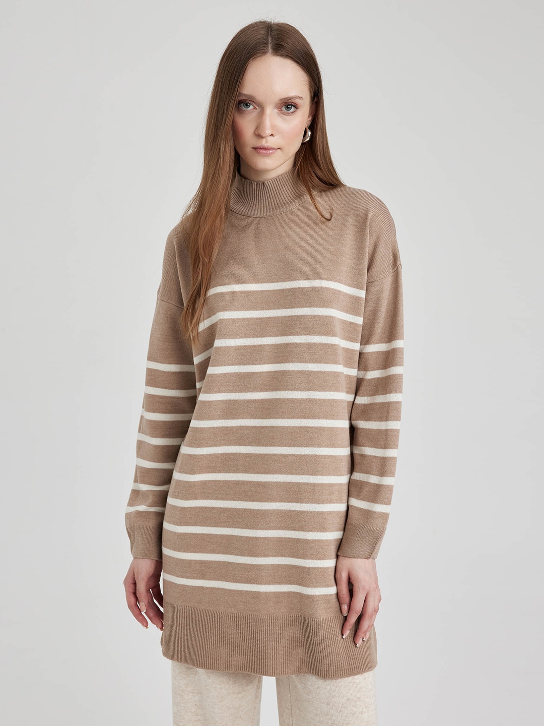 

DeFacto Striped Mock Collar Acrylic Longline Pullover Sweater, Brown