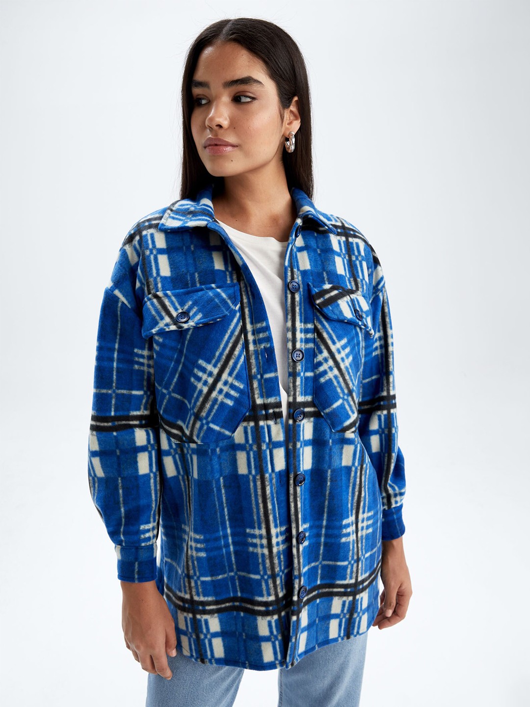 

DeFacto Tartan Checks Spread Collar Casual Shacket, Blue