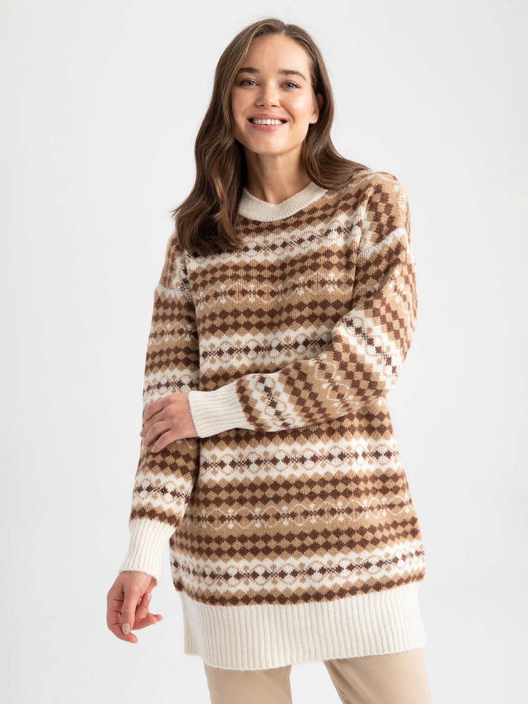 

DeFacto Geometric Printed Ribbed Pullover, Brown