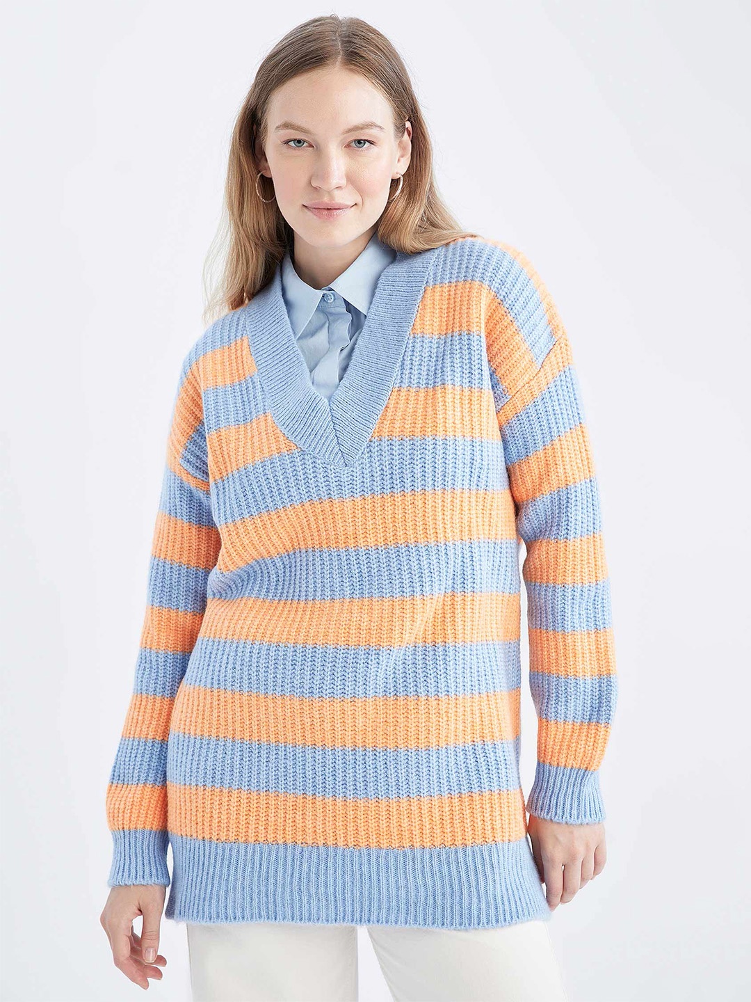 

DeFacto Striped V-Neck Pullover, Blue