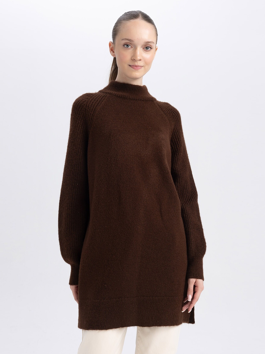 

DeFacto High Neck Longline Pullover, Coffee brown