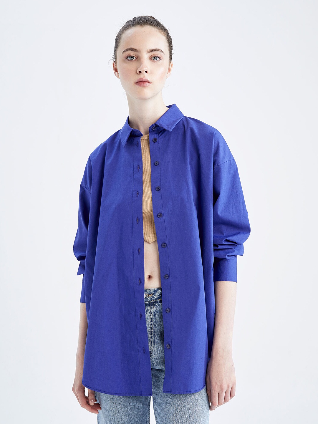 

DeFacto Pure Cotton Longline Oversized Shirt, Blue