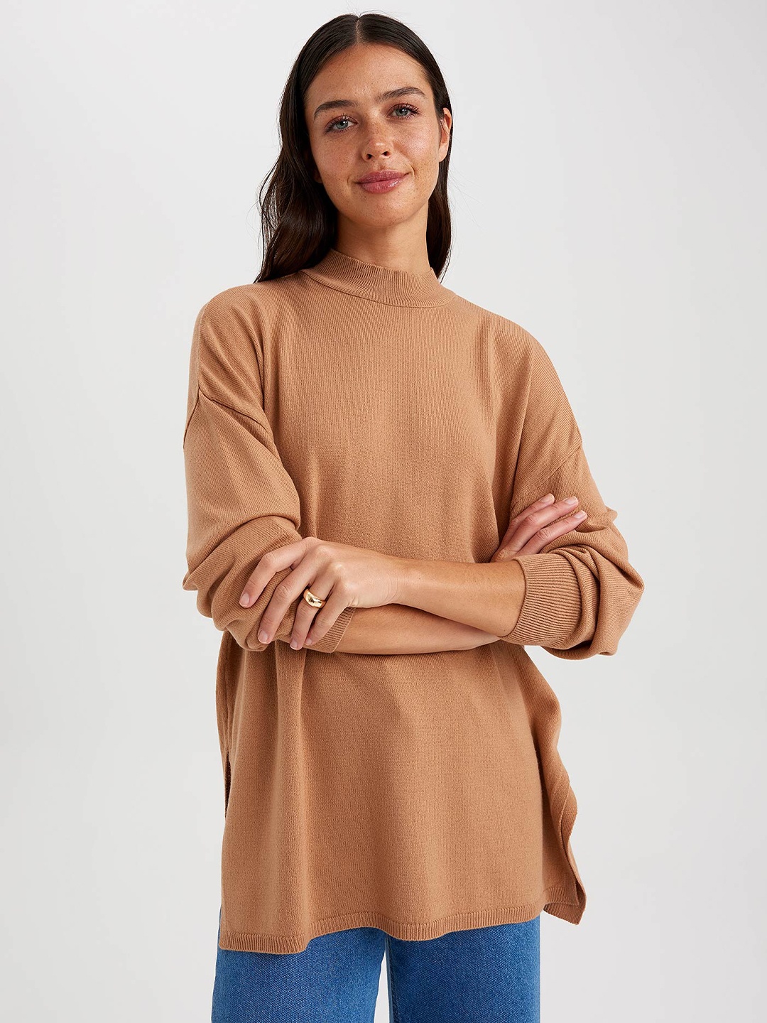 

DeFacto Women Acrylic Pullover Longline Sweaters, Beige