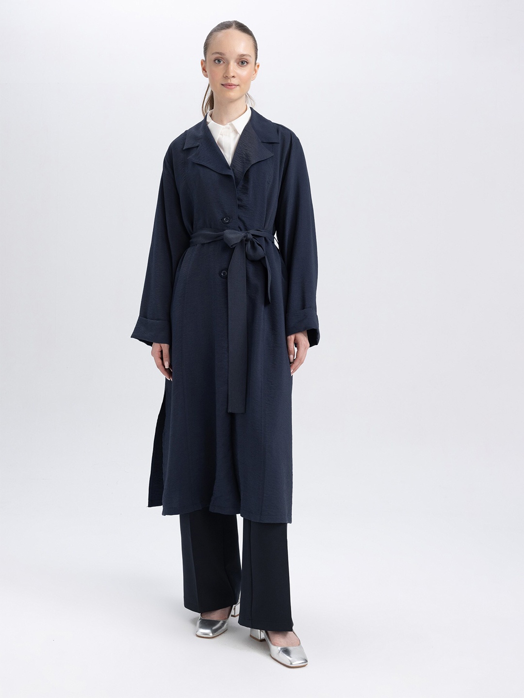 

DeFacto Belt Detailed Notched Lapel Collar OverCoat, Navy blue