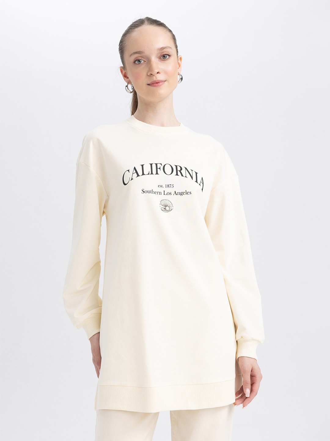 

DeFacto Typography Printed Longline Cotton Pullover, White