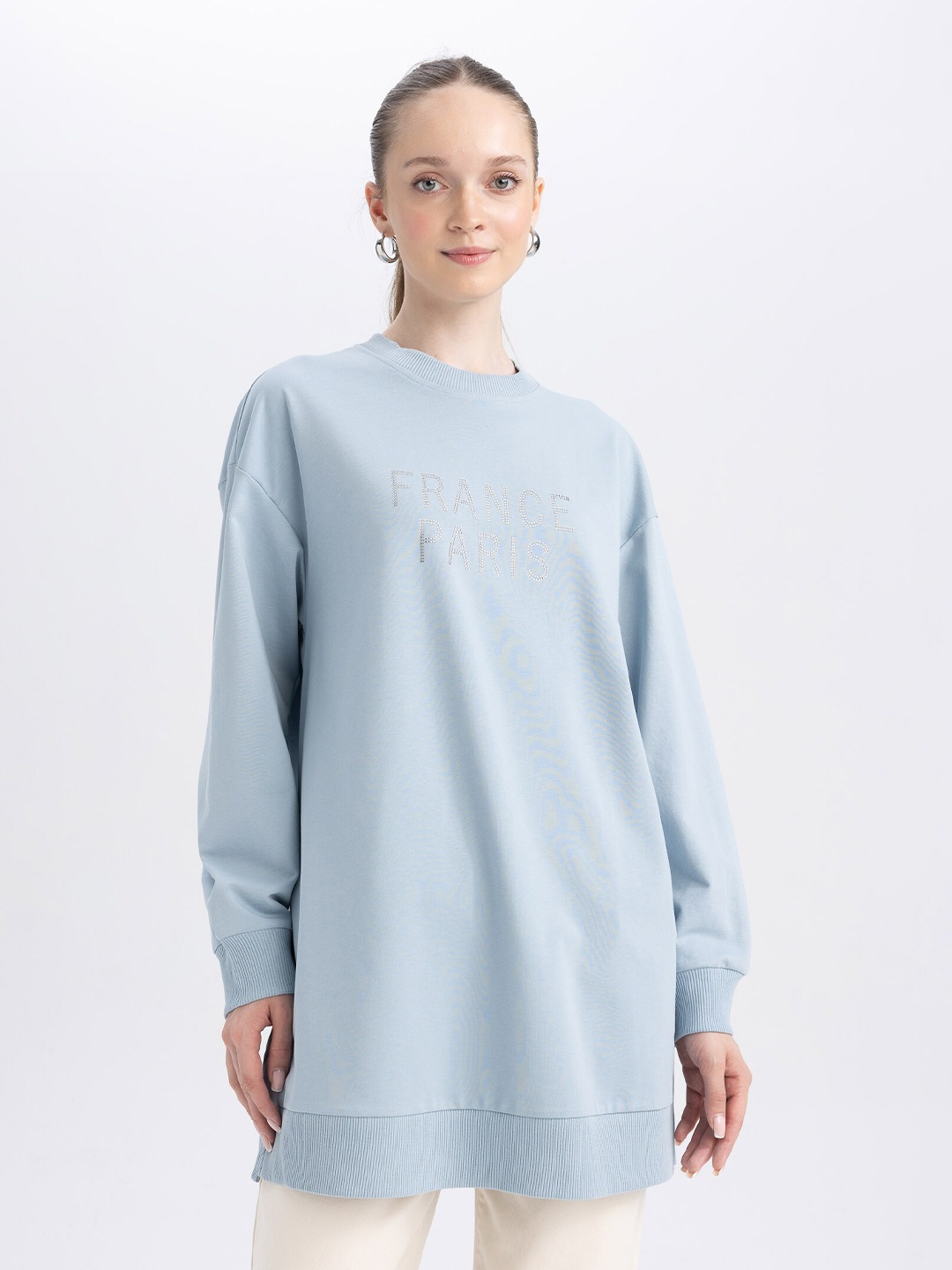 

DeFacto Typography Printed Longline Pullover Sweatshirt, Blue