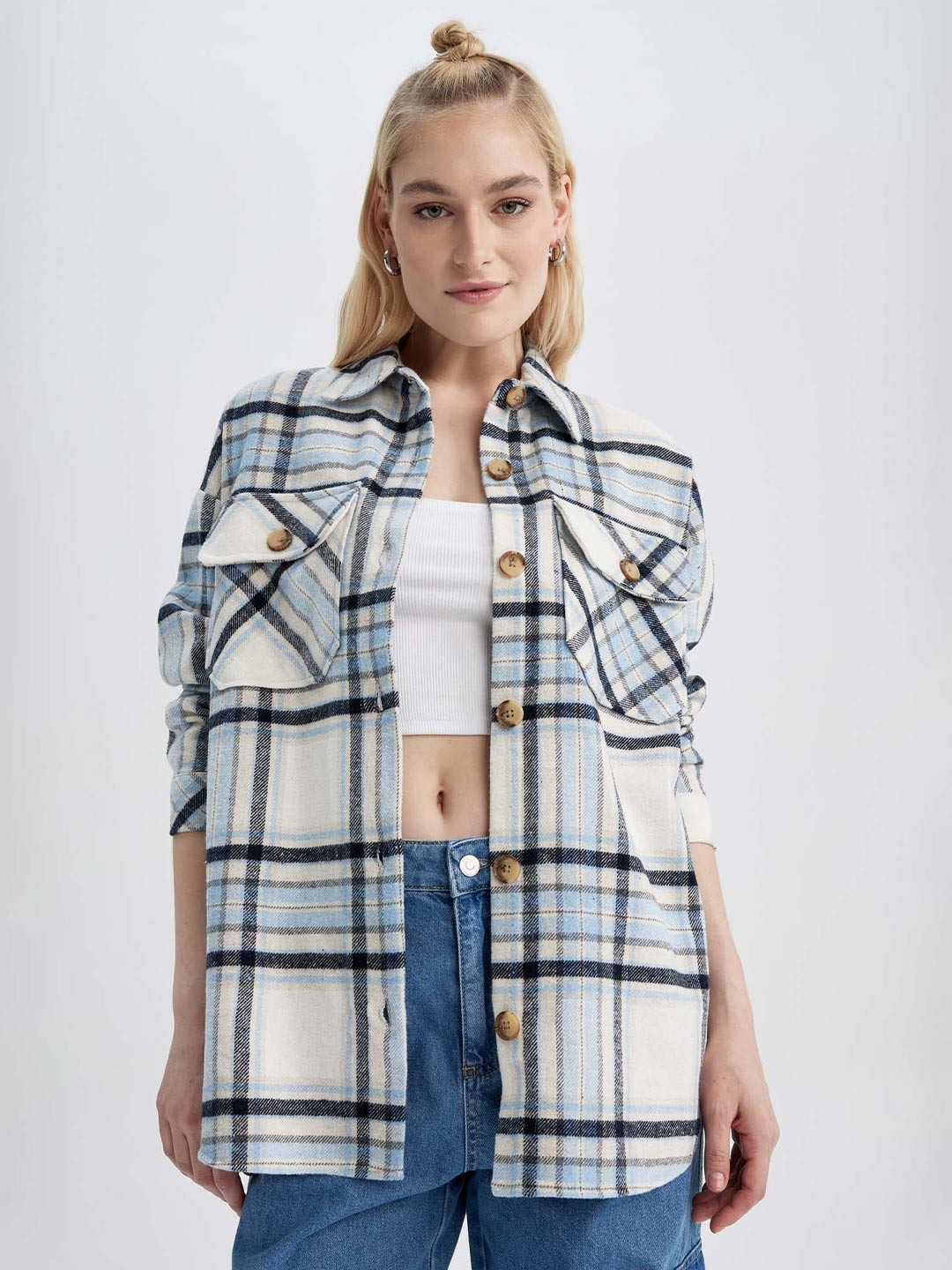 

DeFacto Women Blue Gingham Checks Opaque Checked Casual Shirt