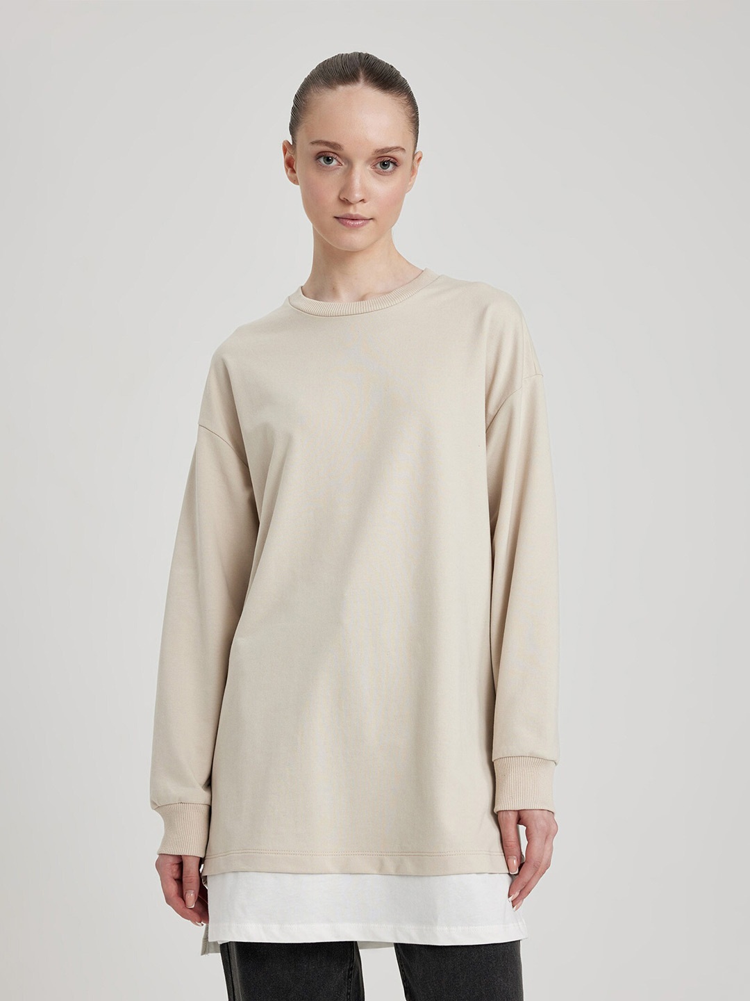 

DeFacto Drop Shoulder Longline Pullover, Beige