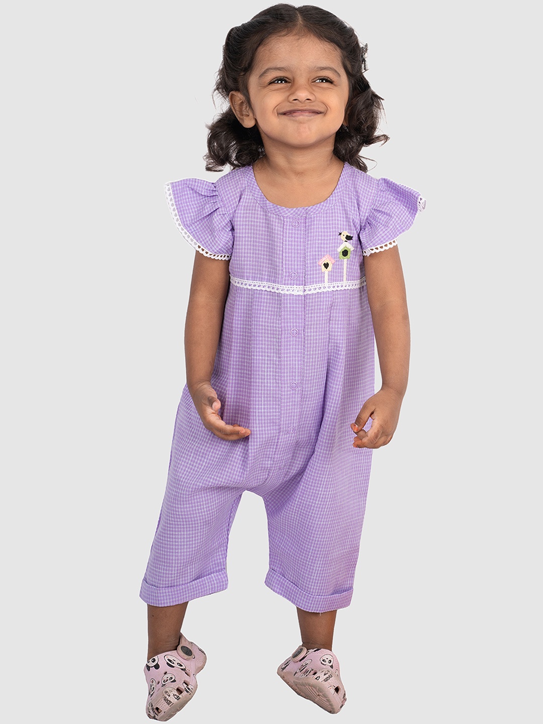 

Little Llama Girls Checked Ruffles Sleeves Rompers, Purple