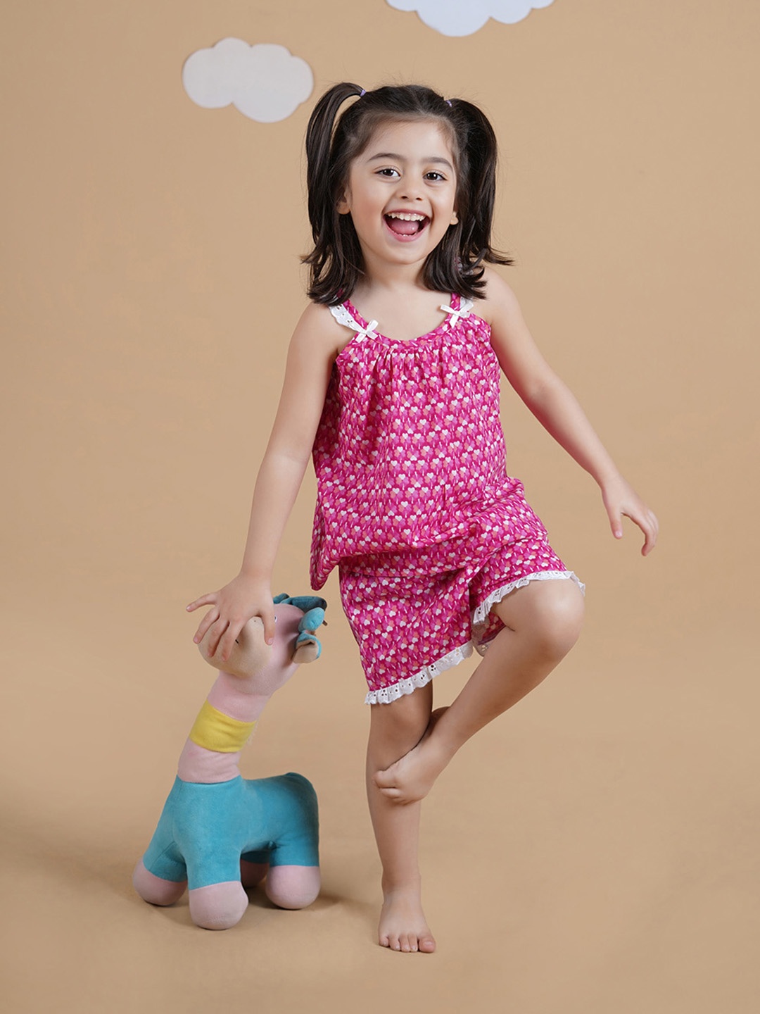 

Little Llama Girls Floral Printed Shoulder Straps Pure Cotton Top With Shorts, Pink