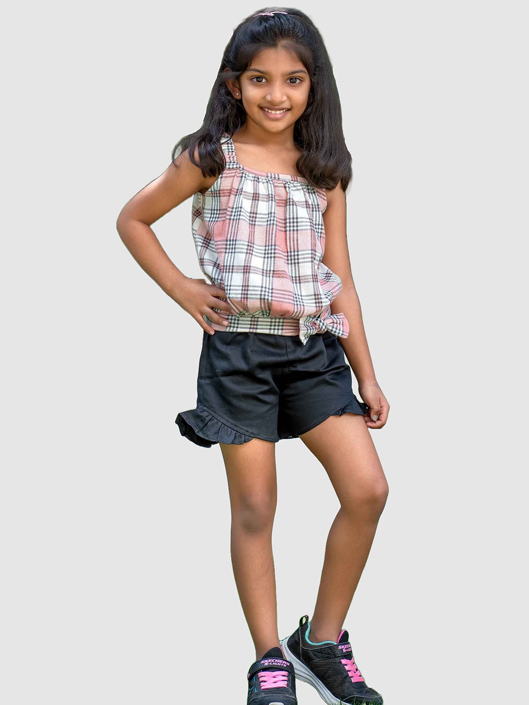 

Little Llama Girls Checked Shoulder Straps Pure Cotton Clothing Set, Peach