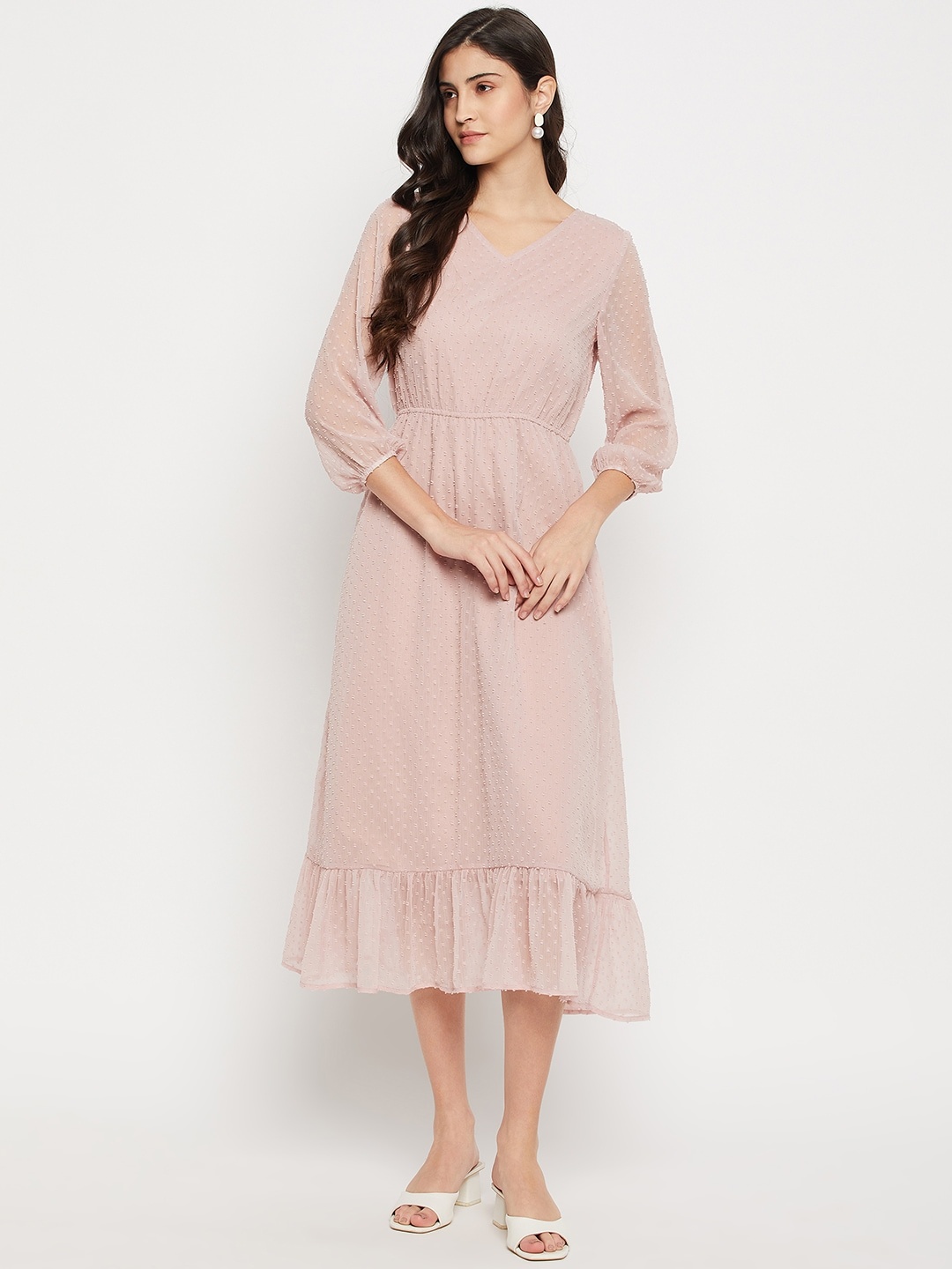 

STYLE BLUSH Self Design V-Neck Gathered Detailed Dobby Fit & Flare Midi Dress, Pink