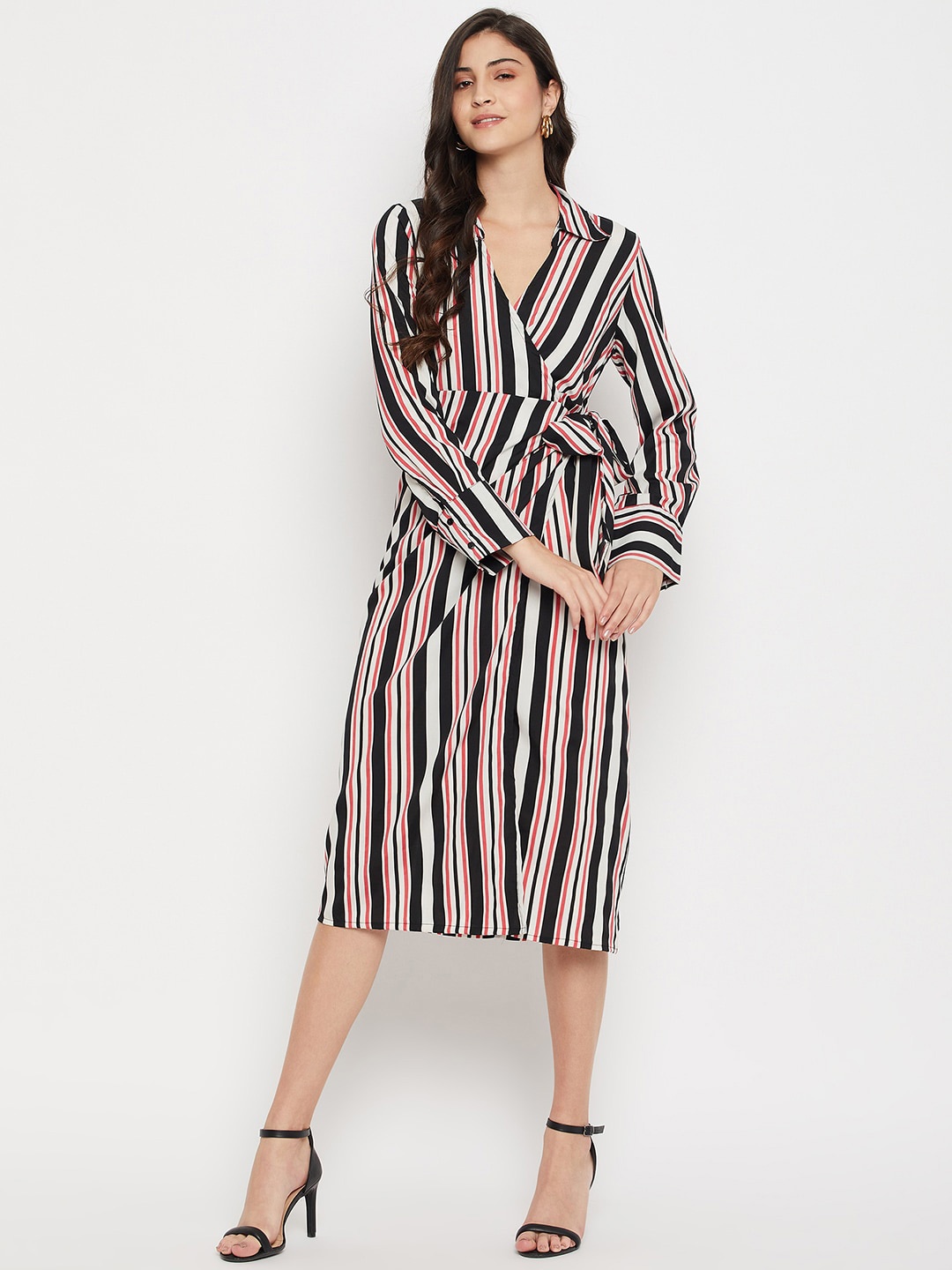 

STYLE BLUSH Shirt Collar Striped Casual Wrap Dress, Black