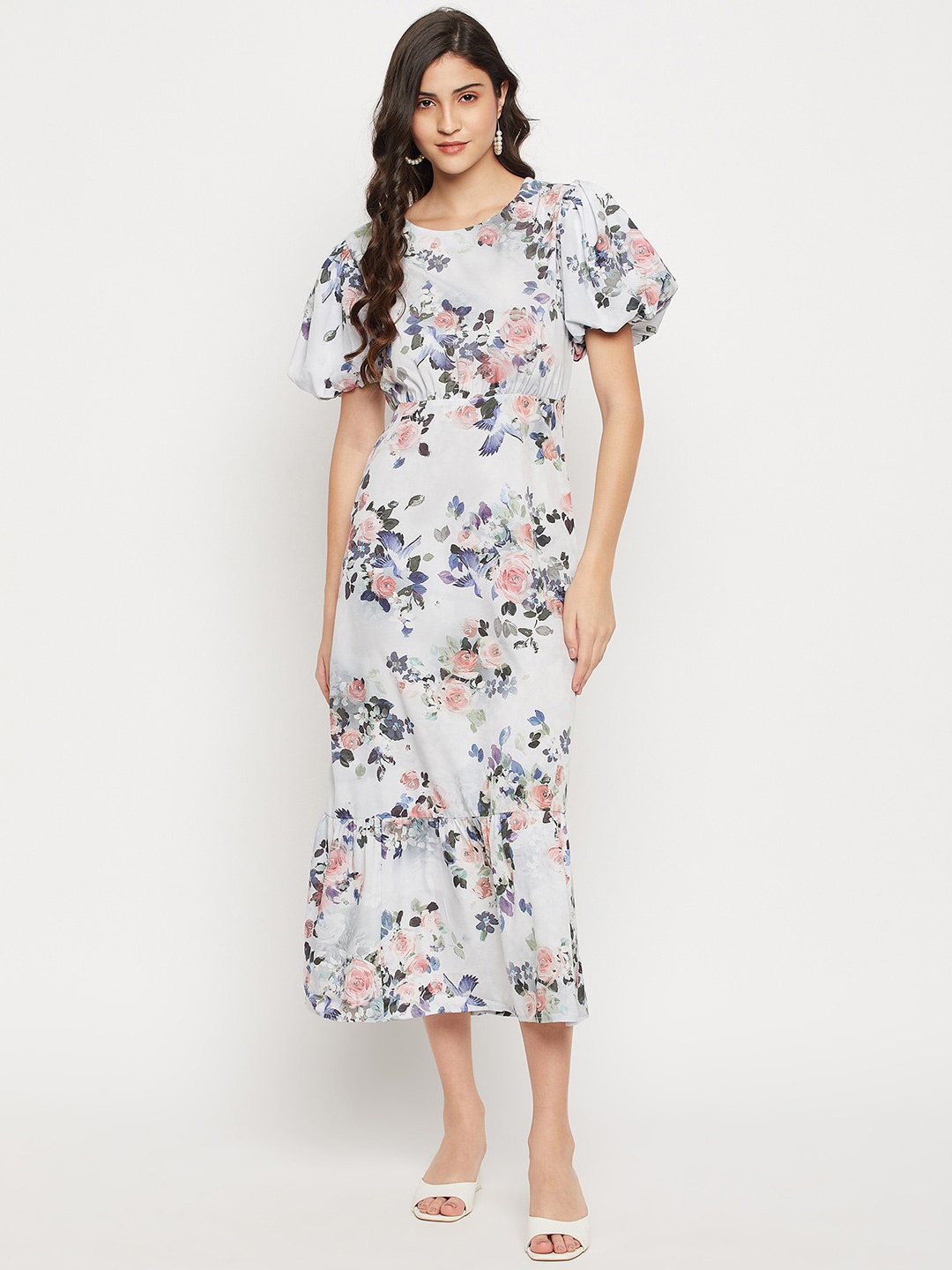 

STYLE BLUSH Floral Printed Flared Sleeve Fit & Flare Midi Dress, Blue