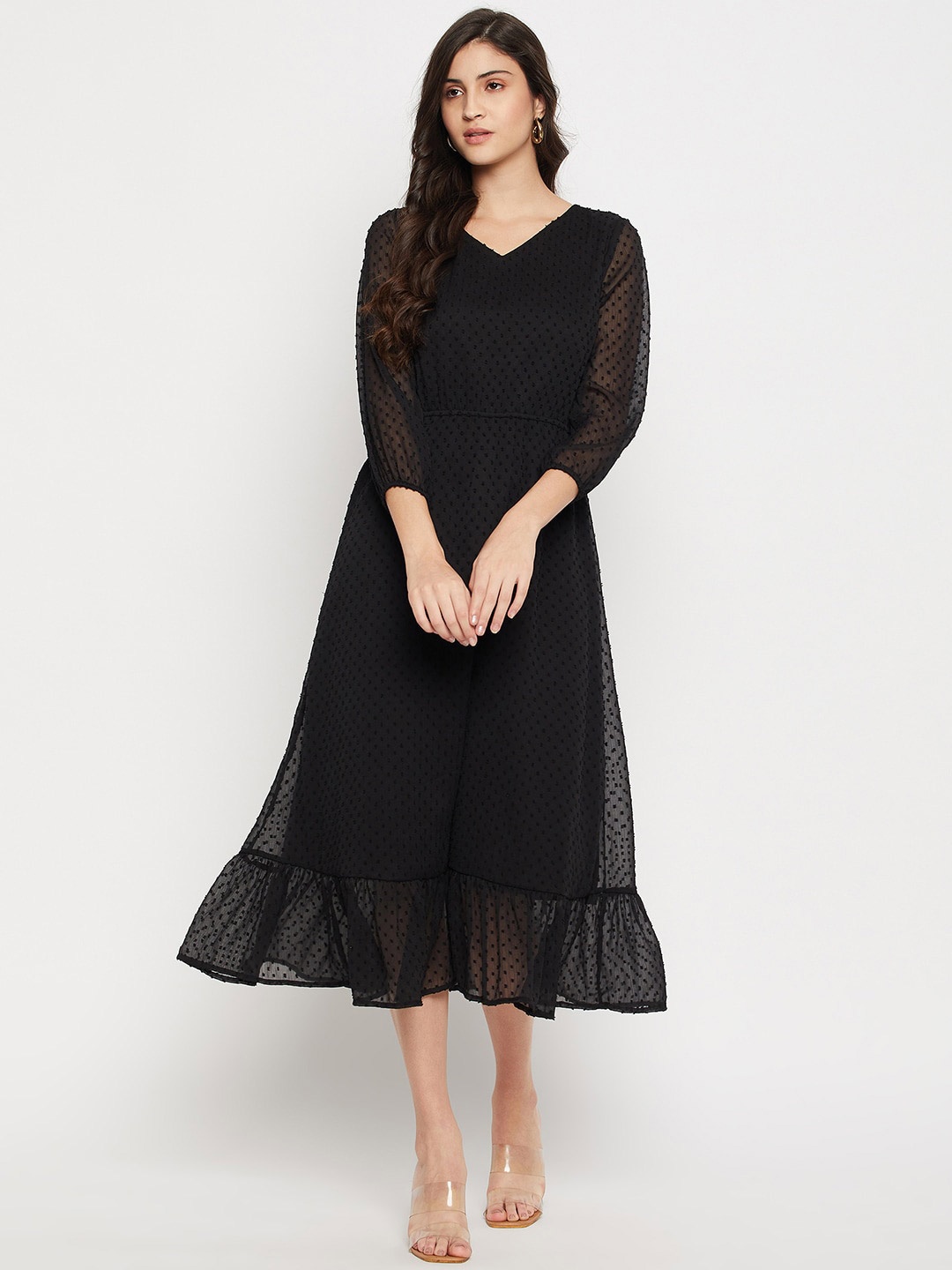 

STYLE BLUSH Self Design V-Neck Fit & Flare Midi Dress, Black