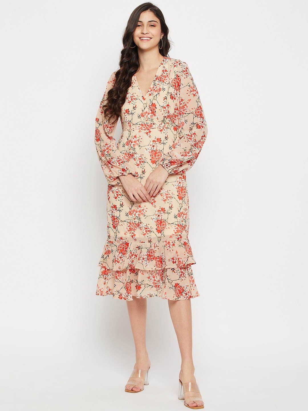 

STYLE BLUSH Floral Printed Puff Sleeve Ruffled Fit and Flare Midi Dress, Beige