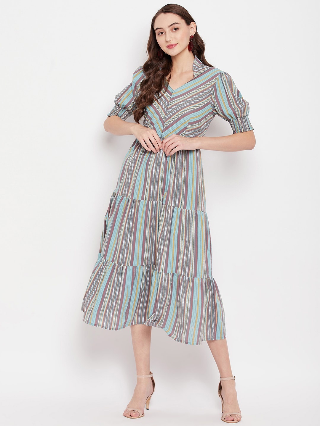 

STYLE BLUSH Striped Puff Sleeve Fit & Flare Cotton Midi Dress, Blue