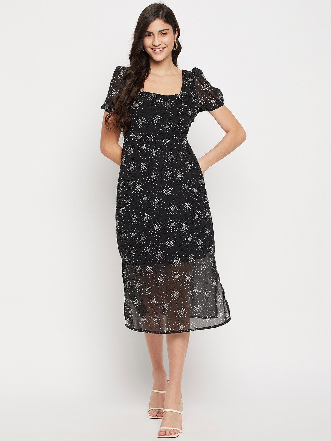 

STYLE BLUSH Printed Puff Sleeve Georgette Fit & Flare Midi Dress, Black