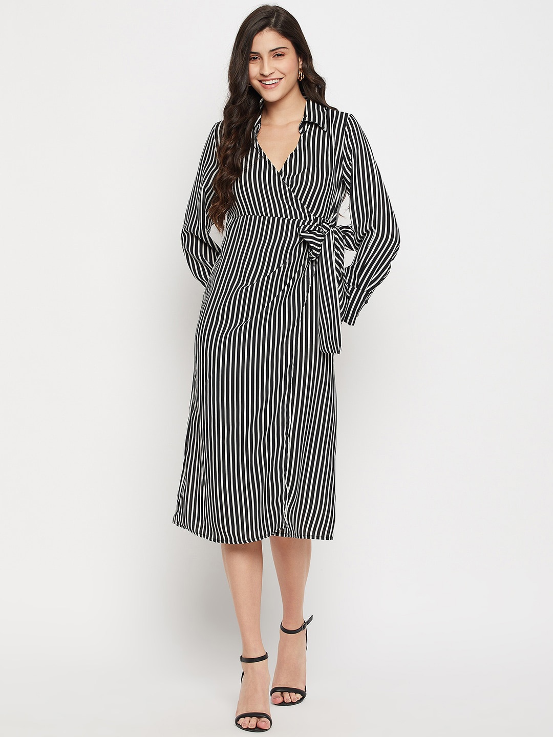 

STYLE BLUSH Striped Shirt Collar Cuffed Sleeves Wrap Midi Dress, Black