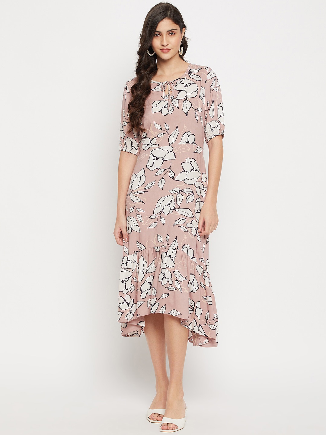 

STYLE BLUSH Floral Printed Gathered Liva A-Line Midi Dress, Pink
