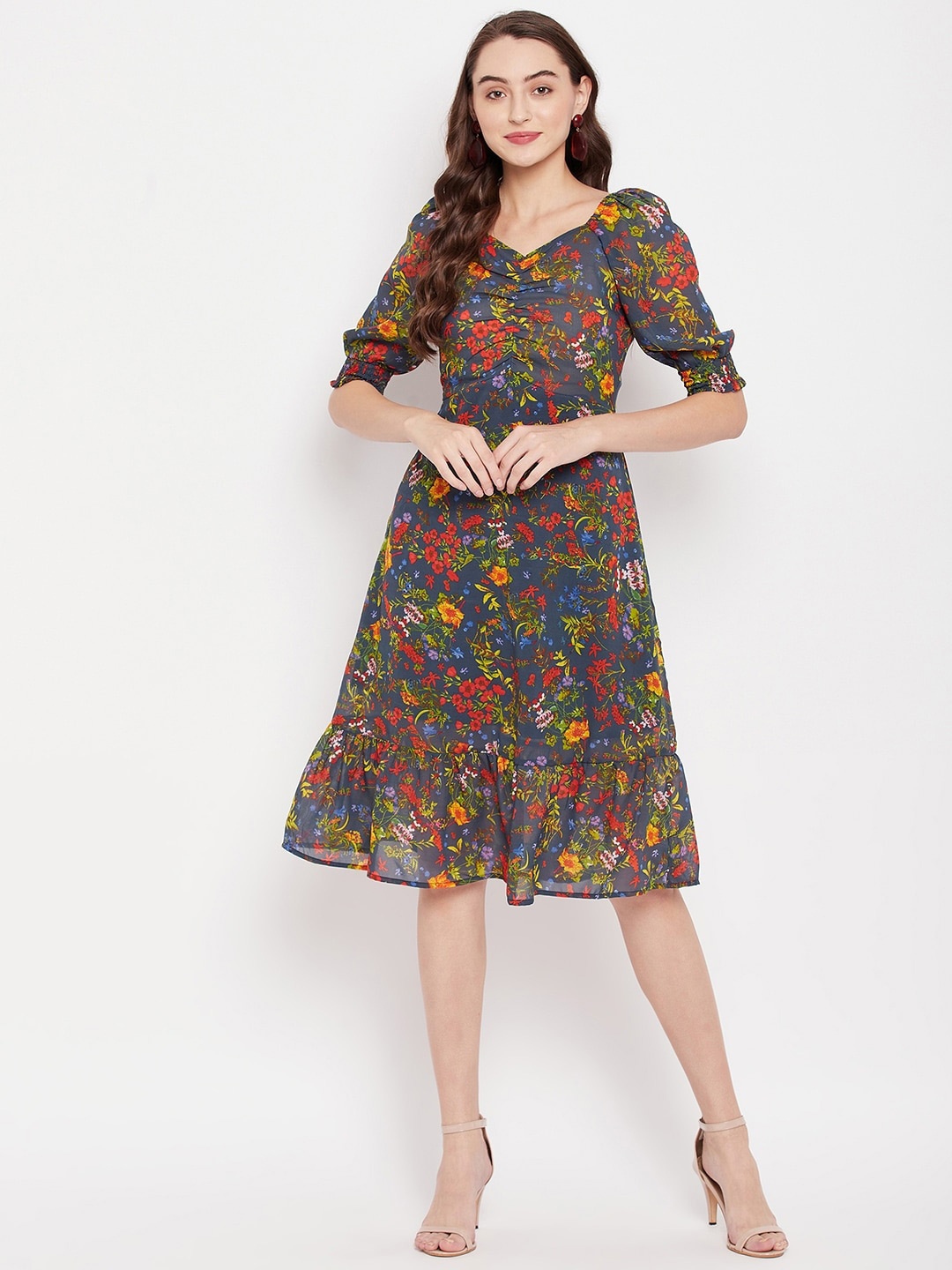

STYLE BLUSH Floral Printed Puff Sleeves Gathered Ruched A-Line Dress, Grey