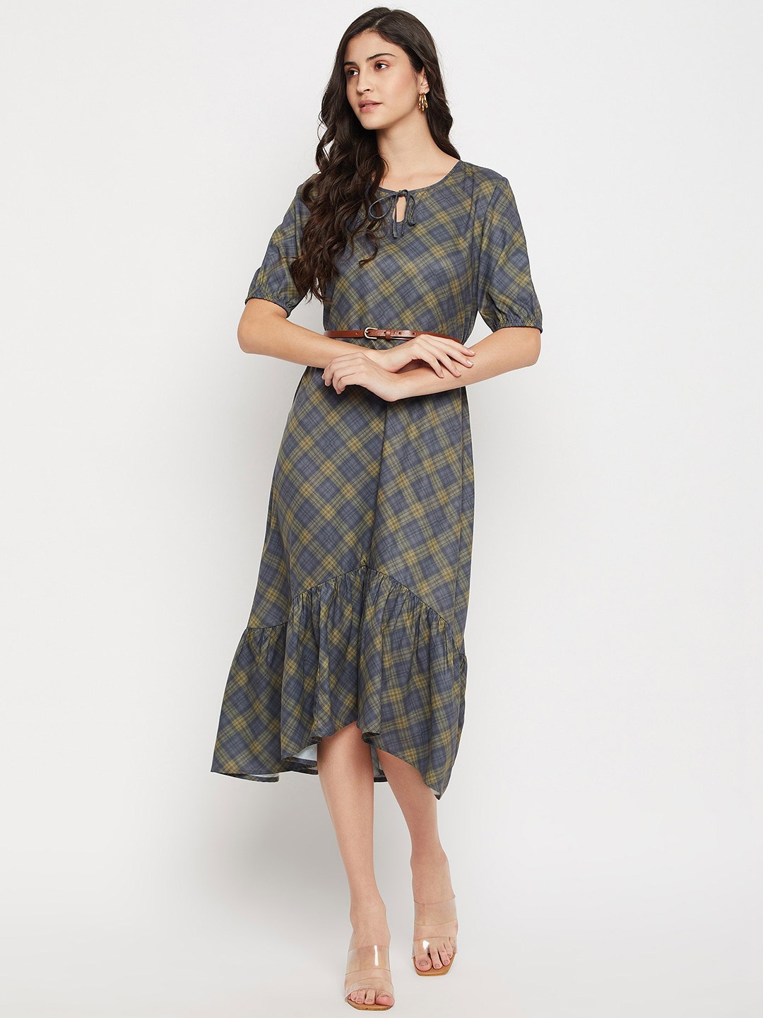 

STYLE BLUSH Checked Belted Detailed Keyhole Neck A-Line Dress, Green