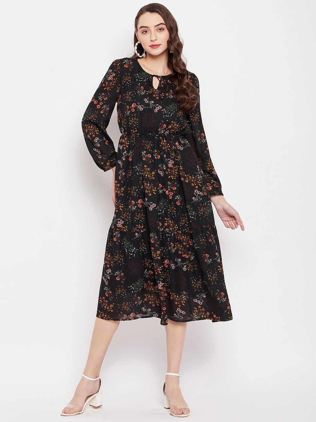

STYLE BLUSH Floral Print Keyhole Neck Puff Sleeves A-Line Dress, Black
