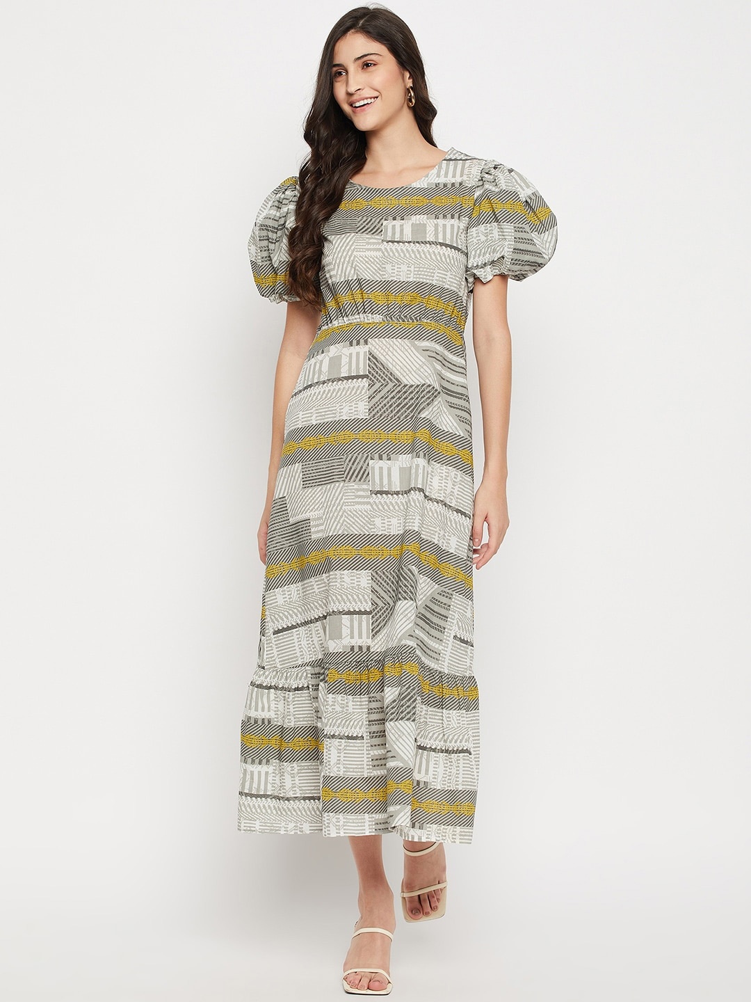 

STYLE BLUSH Print Puff Sleeve A-Line Midi Dress, Grey