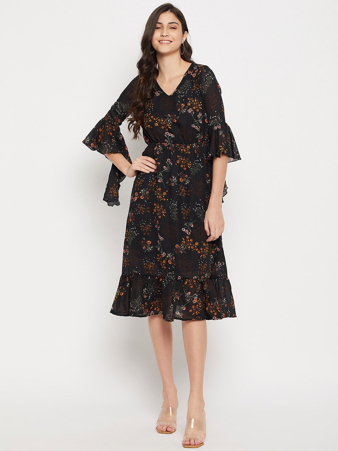 

STYLE BLUSH Floral Print Bell Sleeve Ruffled Georgette A-Line Midi Dress, Black
