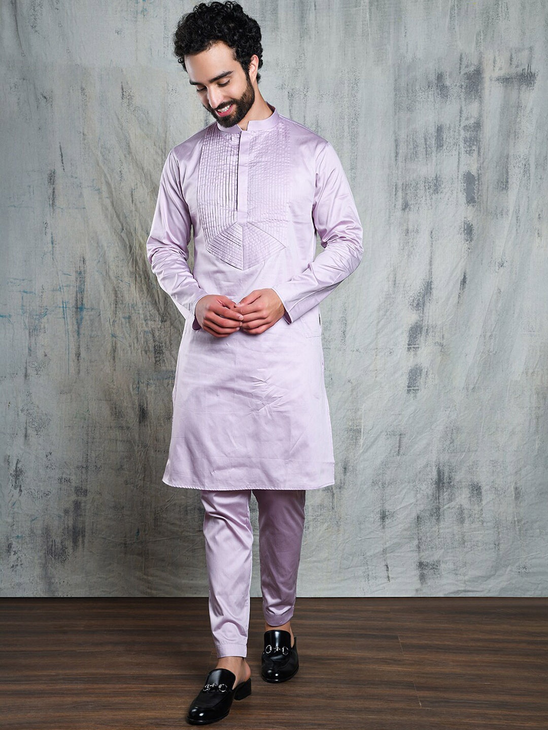 

Be Desi Band Collar Kurta With Pyjamas, Lavender
