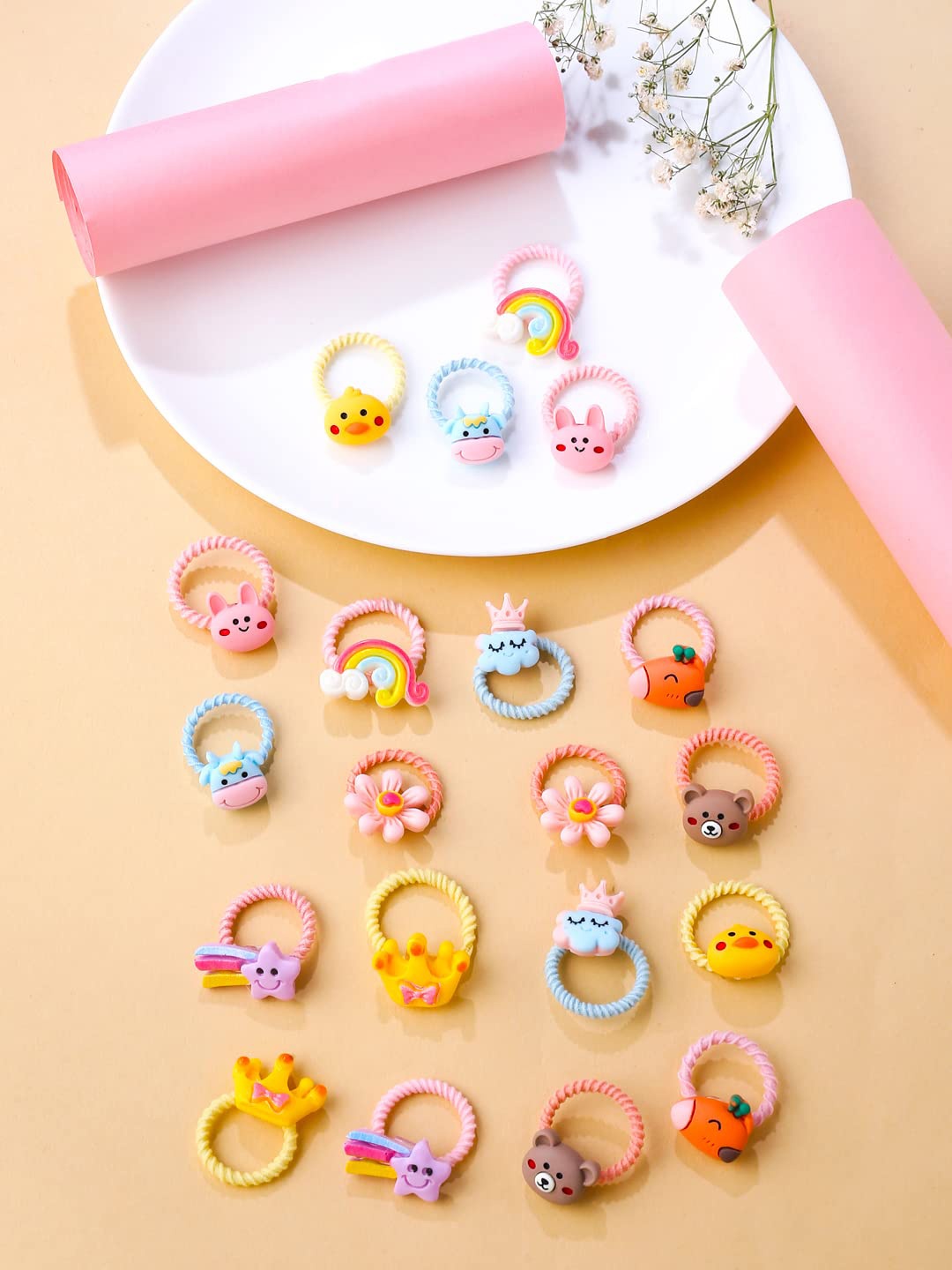 

LYTIX Girls Set Of 12 Cute Designs Rubber Ponytail Holders, Pink