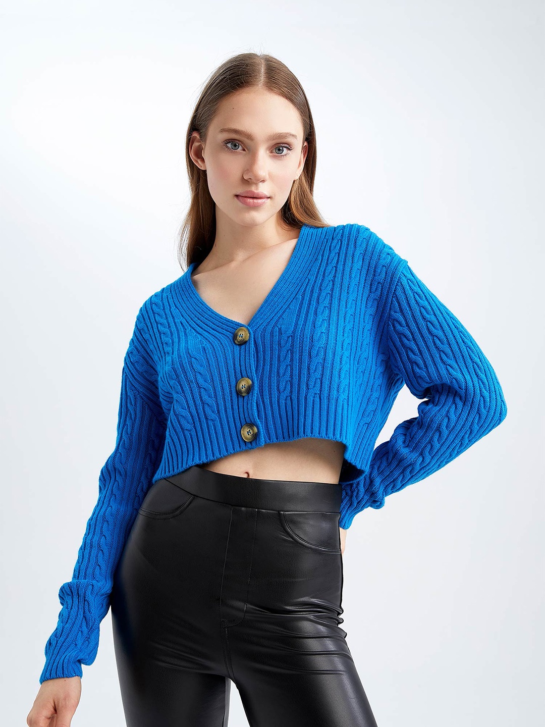 

DeFacto Cable Knit Self Design Crop Cardigan Sweater, Blue