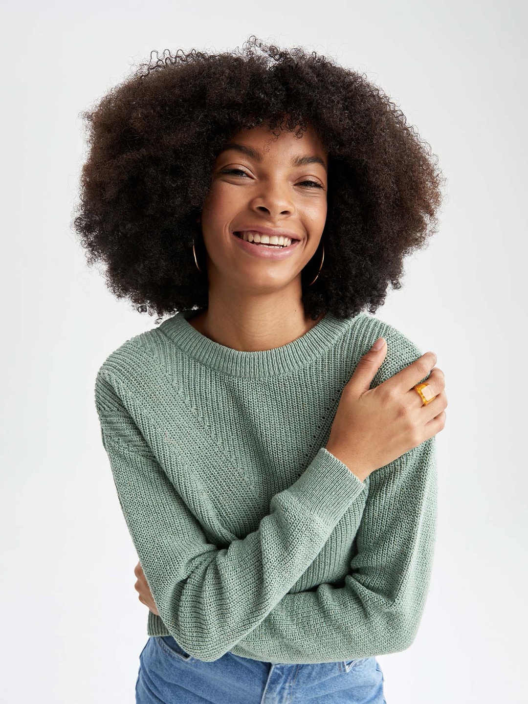 

DeFacto Cable Knit Crop Pullover, Green