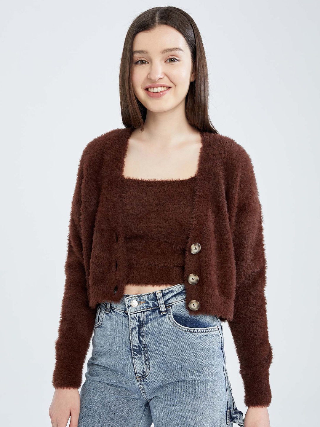 

DeFacto Fuzzy Crop Cardigan, Brown