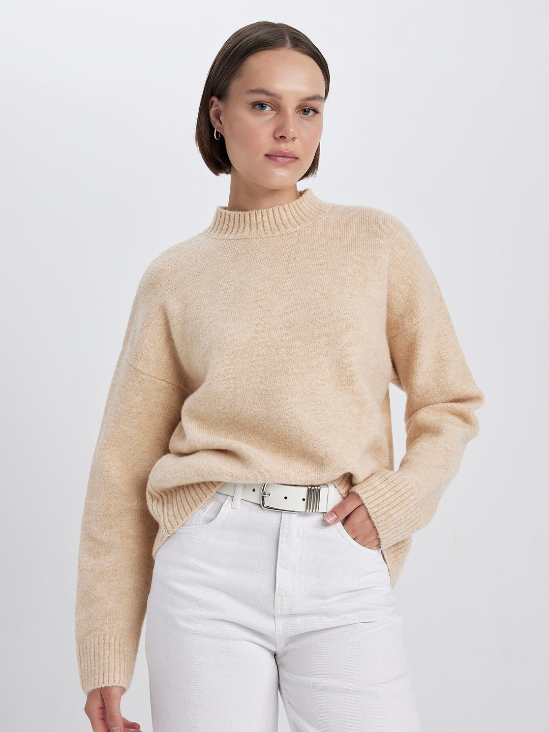 

DeFacto Ribbed Mock Collar Pullover Sweater, Cream