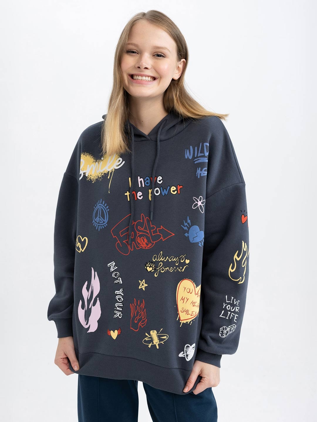 

DeFacto Women Navy Blue Printed Hooded Sweatshirt