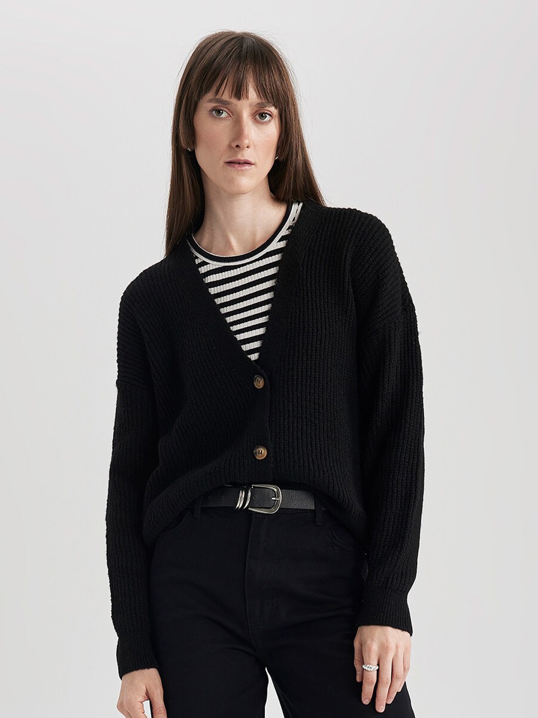 

DeFacto V-Neck Ribbed Cardigan, Black