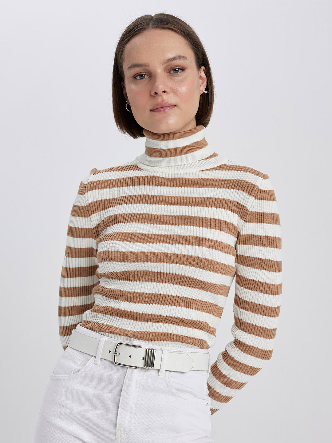 

DeFacto Self Design Striped Turtle Neck Long sleeves Acrylic Pullover, White